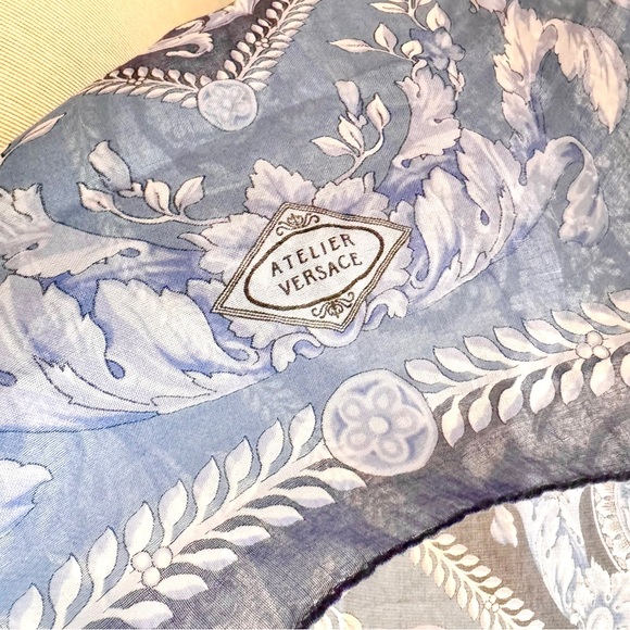 Versace 100% Silk Chiffon 52” Scarf Shawl in blue & lavender | Authentic, EUC - Picture 8 of 13